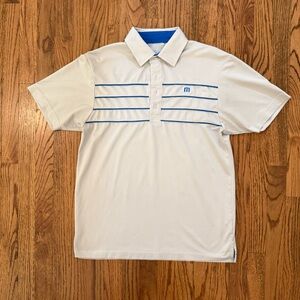 Travis Mathew Cream Polo with Blue Stripes